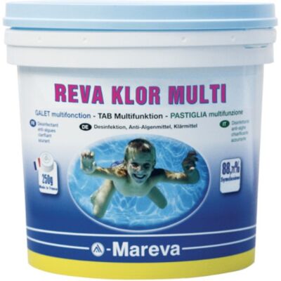 Traitement Mareva REVA KLOR MULTI Galet 250g multifonctions 10kg 88,71% ATCC - Publicité Traitement Mareva REVA KLOR MULTI Galet 250g multifonctions 10kg 88,71% ATCC - Publicité