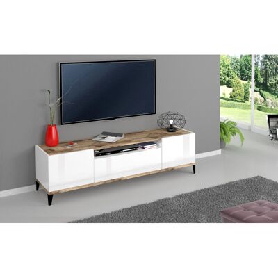 Deladeco Meuble TV moderne 160 cm blanc laqué brillant/érable Shine Blanc laqué brillant/érable Blanc laqué brillant/érable - Publicité Deladeco Meuble TV moderne 160 cm blanc laqué brillant/érable Shine Blanc laqué brillant/érable Blanc laqué brillant/érable - Publicité