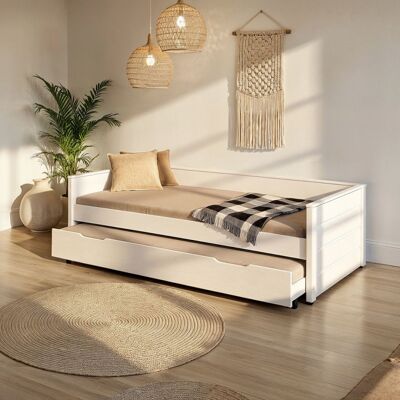 Deladeco Lit gigogne enfant moderne en bois massif laqué blanc Dorane Blanc laqué Blanc laqué - Publicité Deladeco Lit gigogne enfant moderne en bois massif laqué blanc Dorane Blanc laqué Blanc laqué - Publicité