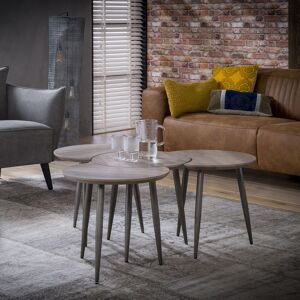 Vivabita Ensemble de 4 tables basses rondes vintage en bois avec piétement en métal Justine Chêne gris Chêne gris - Publicité Vivabita Ensemble de 4 tables basses rondes vintage en bois avec piétement en métal Justine Chêne gris Chêne gris - Publicité