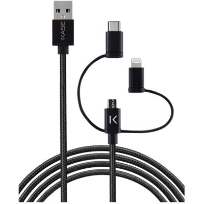 The Kase Câble USB charge/sync 3-en-1 vers micro-USB, Lightning® certifié MFi Apple & type C tressé métallisé (1M) - Neuf - Publicité The Kase Câble USB charge/sync 3-en-1 vers micro-USB, Lightning® certifié MFi Apple & type C tressé métallisé (1M) - Neuf - Publicité