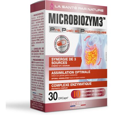 Microbiozym3 - Pré, Post Et Probiotiques - 30 Gélules - Eric Favre - Publicité Microbiozym3 - Pré, Post Et Probiotiques - 30 Gélules - Eric Favre - Publicité