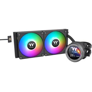 Kit Watercooling CPU Thermaltake avec radiateur aluminium 2x120mm (276x120mm). Ventilateurs 120mm (500-2000 RPM, 28.5 dBA). Compatible sockets Intel (LGA 115x/1200/1700/20xx) et AMD (AM2/AM3/AM4/AM5/FMx). Pompe 1500-3300 tr/min, éclairage RGB. Idéal pour un refroidissement efficace. image