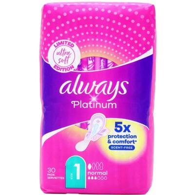 Always Platinum Normal Sanitary Pads with Wings 30 stk. Publicité Always Platinum Normal Sanitary Pads with Wings 30 stk. Publicité