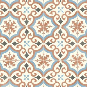 Sol Vinyle Textile Renove - Effet carreaux de ciment arabesques - Terracotta et bleu