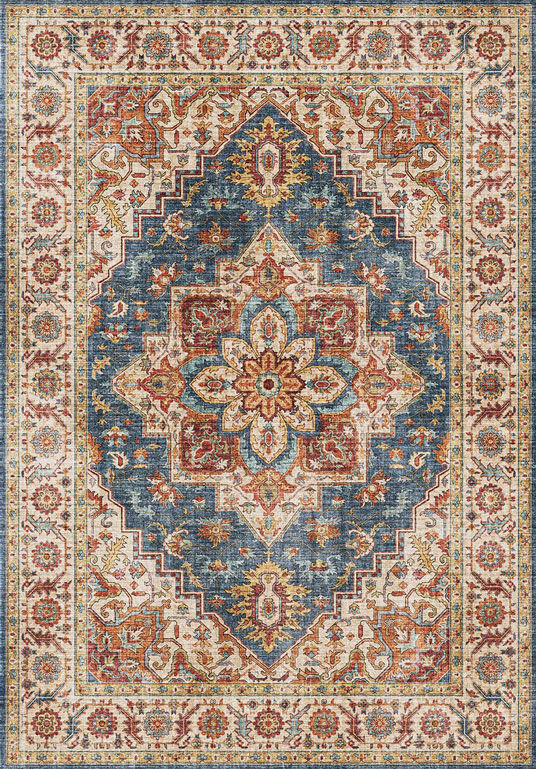 120x160 Tapis doux à motif oriental - Leïla - Marron et bleu