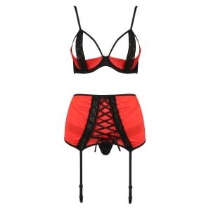 Passion Ensemble 3 Pieces Porte-Jartelles Femmina Devil Collection Rouge Satine - Taille : XXL/XXXL - 44/46