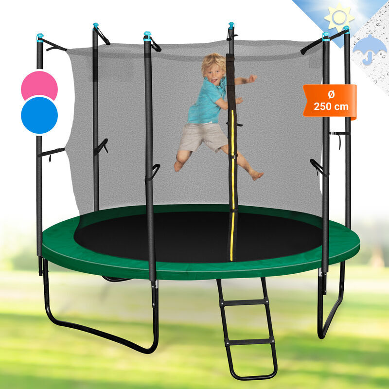 KLARFIT Rocketstart 250 Trampoline 250cm Filet de sécurité échelle large vert - Klarfit KLARFIT Rocketstart 250 Trampoline 250cm Filet de sécurité échelle large vert - Klarfit