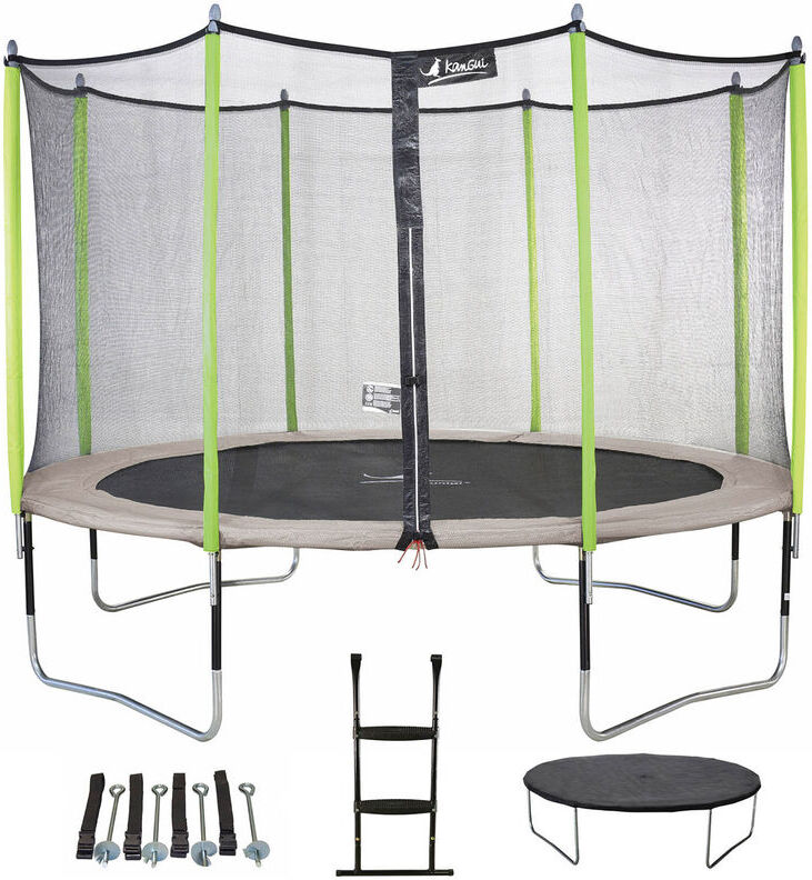 KANGUI Trampoline 365 cm + filet + échelle + bâche + kit d'ancrage JUMPI Taupe/Vert KANGUI Trampoline 365 cm + filet + échelle + bâche + kit d'ancrage JUMPI Taupe/Vert
