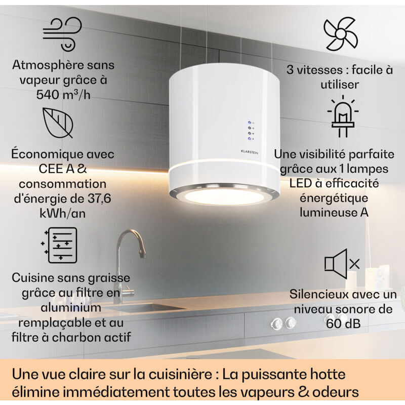 Klarstein Tron Ambience Hotte îlot aspirante Ø 38 cm 540 m³/h classe A - blanche Klarstein Tron Ambience Hotte îlot aspirante Ø 38 cm 540 m³/h classe A - blanche