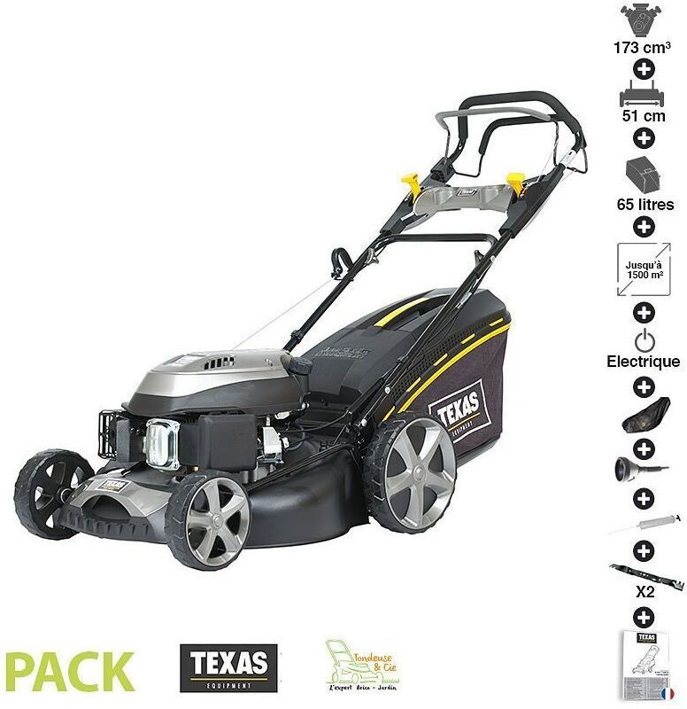 Texas - Tondeuse thermique tractée 173 cc 4,3cv démarrage électrique 51cm coupe Texas - Tondeuse thermique tractée 173 cc 4,3cv démarrage électrique 51cm coupe