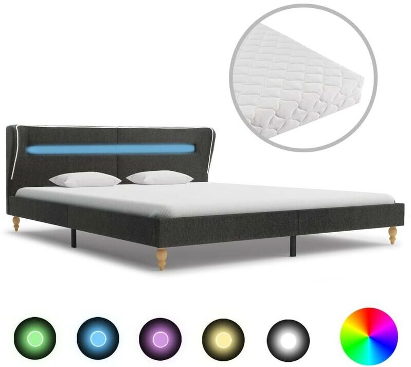 Hommoo Lit avec LED et matelas Gris foncé Jute 160 x 200 cm HDV20837