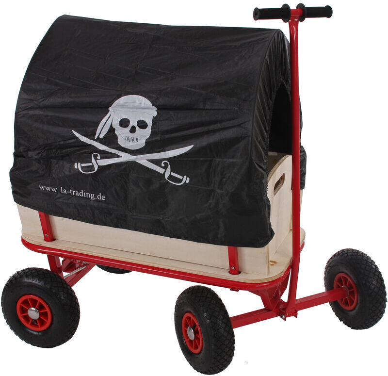 HHG Voiturette charrette à bras chariot, bois, 92x61cm, avec frein, bâche pirate HHG Voiturette charrette à bras chariot, bois, 92x61cm, avec frein, bâche pirate