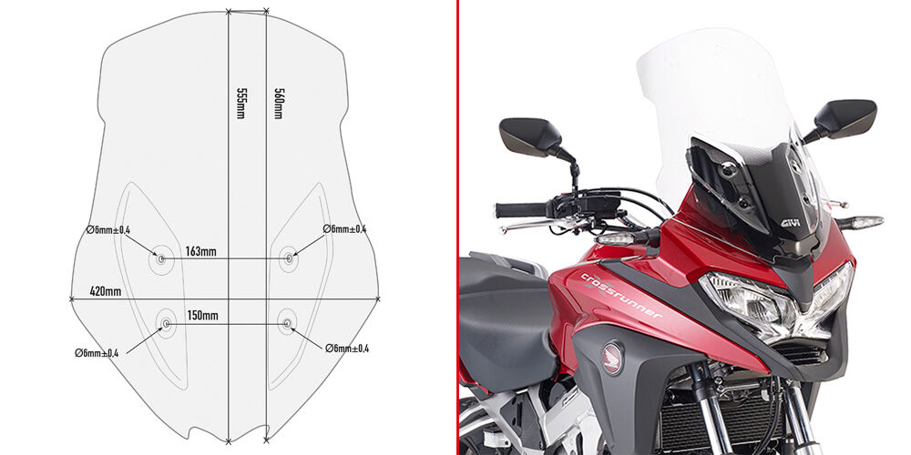 Pare-brise GIVI transparent, 555 mm de haut, 420 mm de large pour Honda Crossrunner 800 (17-20), avec ABE Pare-brise transparent taille :