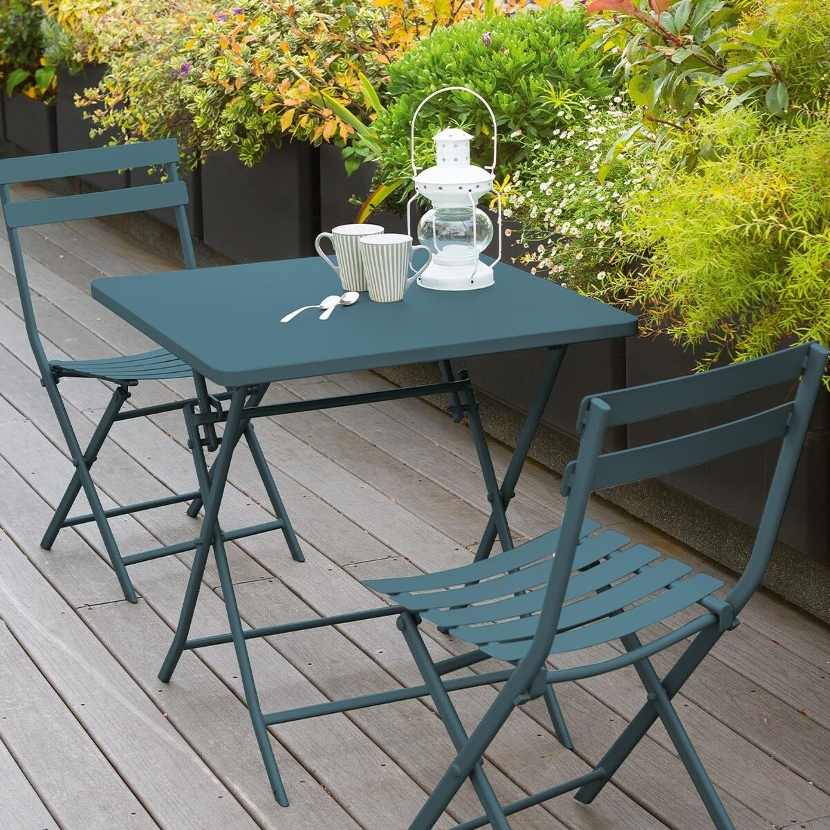 Table de jardin pliante carrée GREENSBORO Bleu canard 2 places - Acier traité époxy, Traitement antirouille renforcé Hespéride