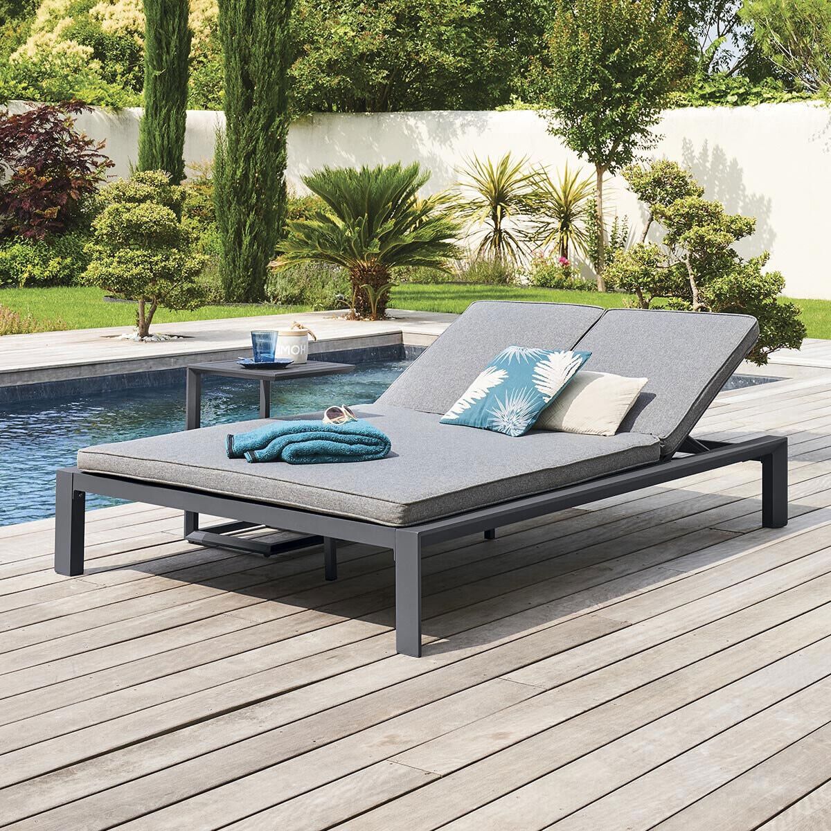 Lit de piscine double ÉVASION Anthracite   Graphite 2 places - Aluminium traité époxy, Texaline Hespéride