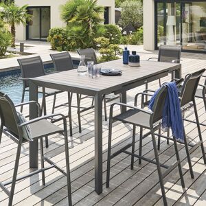 Hespéride Table haute de jardin extensible ÉVASION Seigle effet bois   Graphite 8 places - Aluminium traité époxy Hespéride