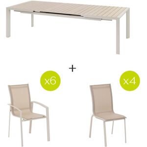 Hespéride Table de jardin extensible ÉVASION Effet bois Lin + 6 fauteuils AXANT 4 chaises 10 places - Aluminium traité époxy Hespéride