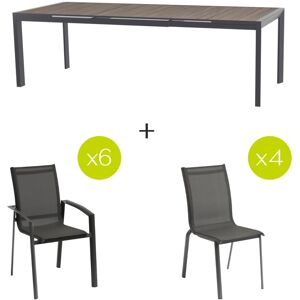 Hespéride Table de jardin extensible ÉVASION Effet bois Seigle + 6 fauteuils AXANT 4 chaises 1 10 places, et Hespéride