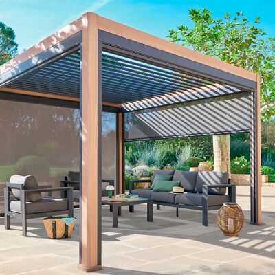 Pergola électrique bioclimatique EVORA Honey 4 x 3 m - Structure et lames doubles en aluminium Hespéride - Publicité Pergola électrique bioclimatique EVORA Honey 4 x 3 m - Structure et lames doubles en aluminium Hespéride - Publicité