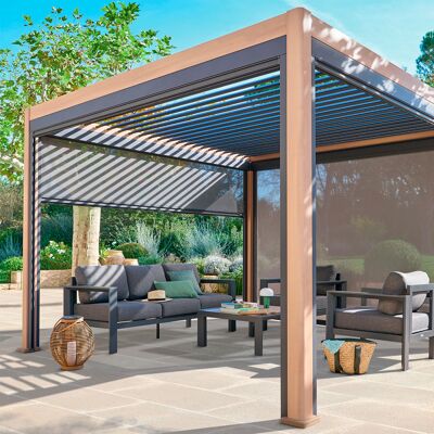 Pergola bioclimatique manuelle EVORA Honey 4 x 3 m - Structure et lames doubles en aluminium Hespéride - Publicité Pergola bioclimatique manuelle EVORA Honey 4 x 3 m - Structure et lames doubles en aluminium Hespéride - Publicité