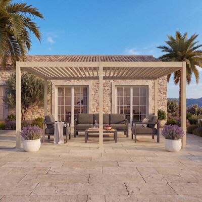 Pergola bioclimatique électrique EVORA Argile 6 x 3 m - Structure et lames doubles en aluminium Hespéride - Publicité Pergola bioclimatique électrique EVORA Argile 6 x 3 m - Structure et lames doubles en aluminium Hespéride - Publicité