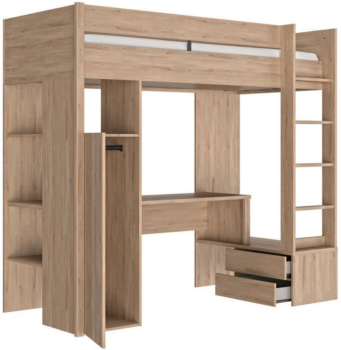 Tousmesmeubles Lit mezzanine 90*200 cm Chêne clair - TILY - L 208 x l 107 x H 193 Tousmesmeubles Lit mezzanine 90*200 cm Chêne clair - TILY - L 208 x l 107 x H 193
