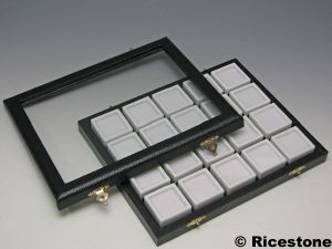 Ricestone 2) Coffret vitré escamotable 20x boîtes 3x3 cm pour gemme.