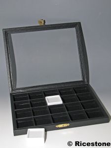 Ricestone 7) Coffret vitré à charnière pour 20x boîtes gemmes 4x4 cm.