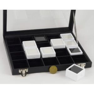 Ricestone 7a) Coffret haut, vitre a charniere pour 20x boîtes a gemmes 4x4 cm.