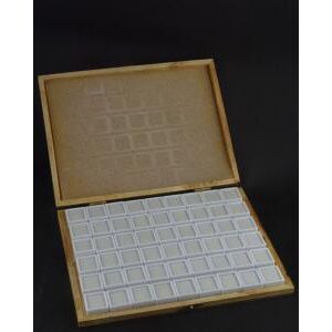 Ricestone 7a) Coffret de gemmologie bois verni et 54x boites dessus verre 3x3 cm