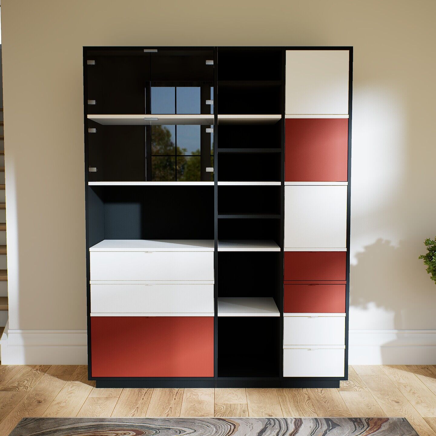 MYCS Vitrine - Noir, design, pour documents, avec porte Verre clair transparent et tiroir Blanc - 154 x 200 x 47 cm