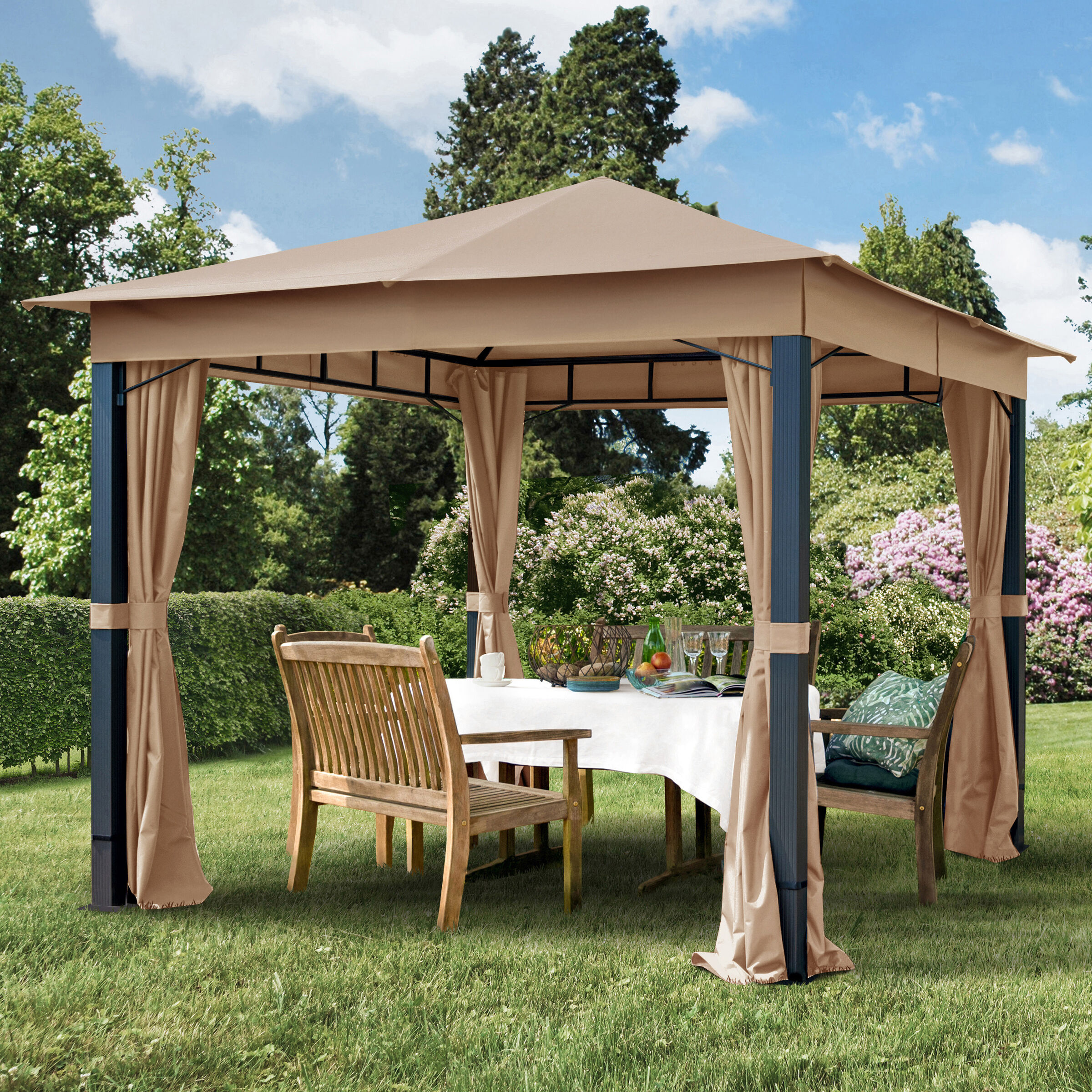 Intent24.fr Tonnelle de jardin 3x3m Polyester pelliculé polyuréthane 220 g/m² taupe imperméable Intent24.fr Tonnelle de jardin 3x3m Polyester pelliculé polyuréthane 220 g/m² taupe imperméable