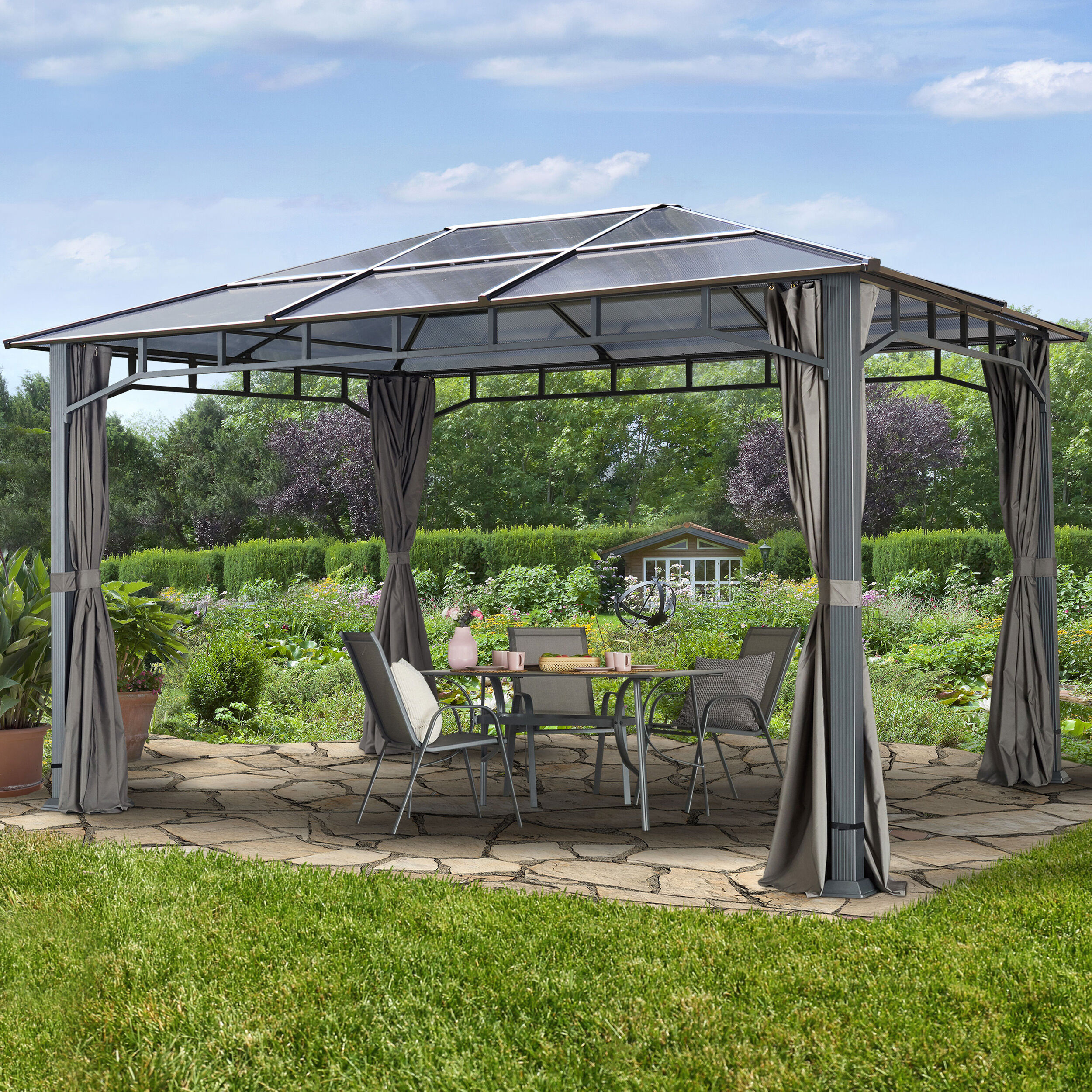 Intent24.fr Tonnelle de jardin 3x4m plaque polycarbonate 8 mm gris imperméable Intent24.fr Tonnelle de jardin 3x4m plaque polycarbonate 8 mm gris imperméable