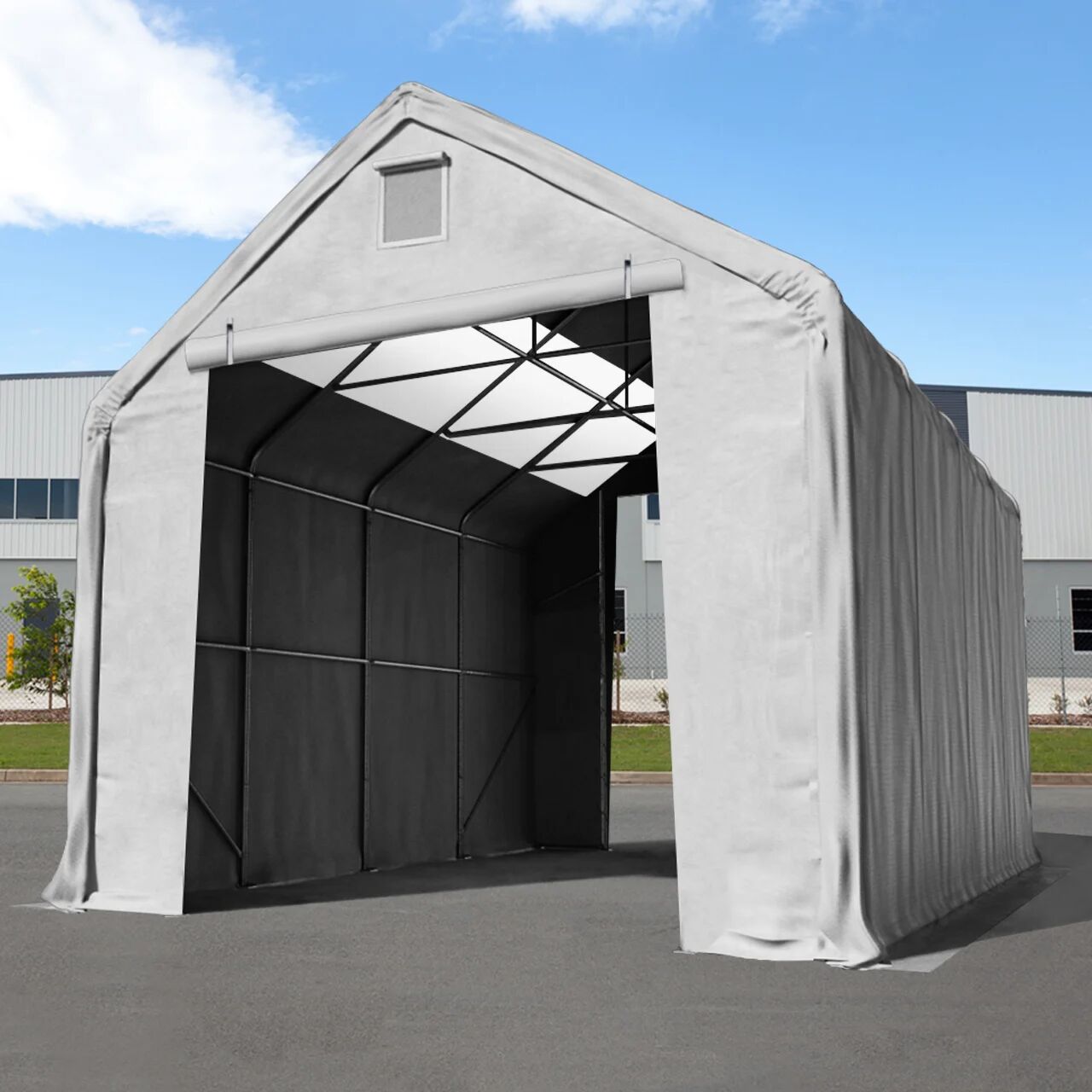 TOOLPORT 5x10 m hangar avec fenêtres dans le toit, porte 3x3,4 m, PRIMEtex 2300, anti-feu, gris, avec statique (type de sol : béton) - (49833)