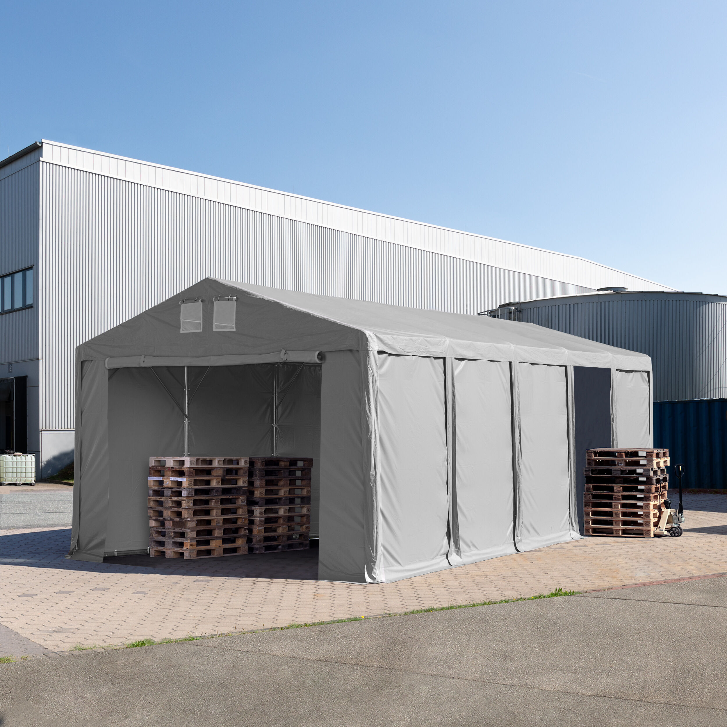 TOOLPORT Tente de stockage 5x10m 550 g/m² gris imperméable hangar PVC - Publicité