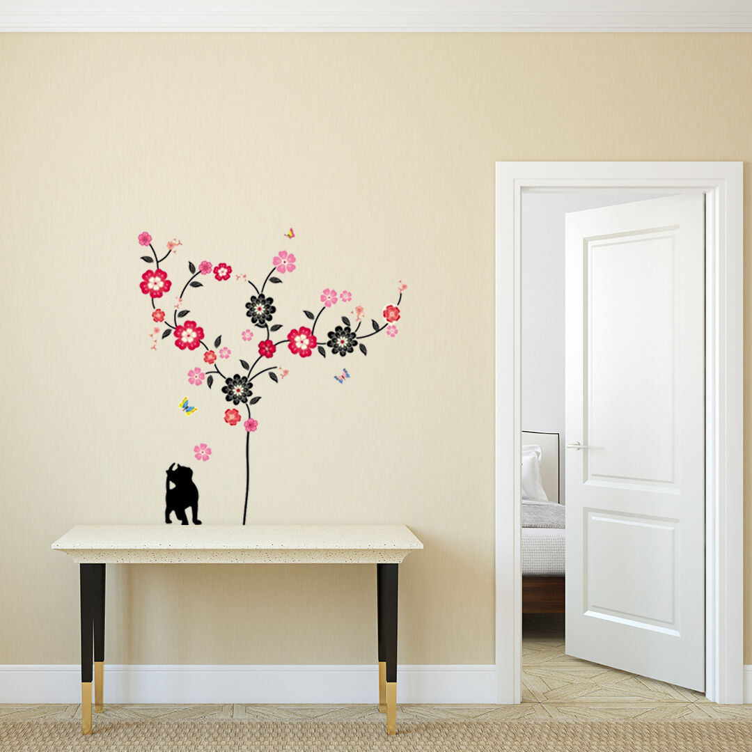 Ambiance-sticker Sticker arbre en fleur, chat et papillons