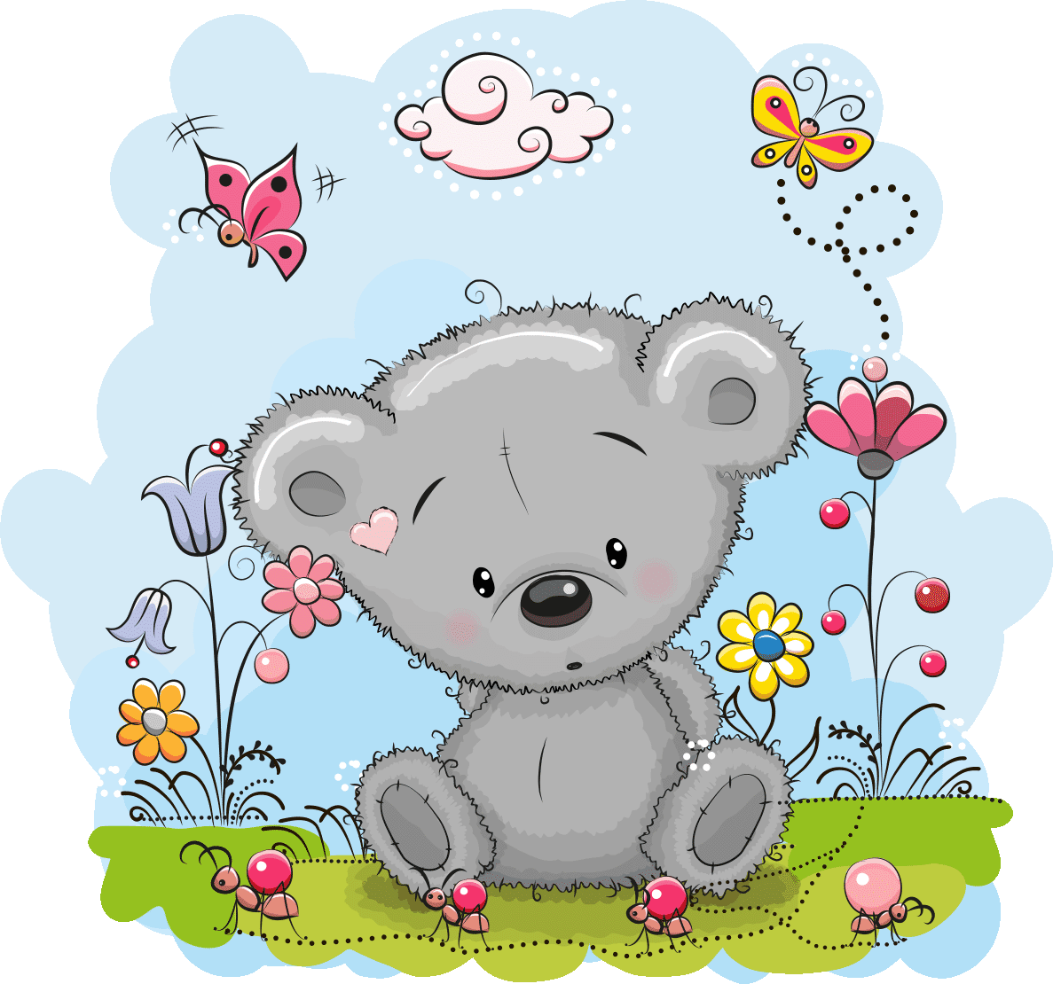 Ambiance-sticker Sticker nounours timide et les papillons