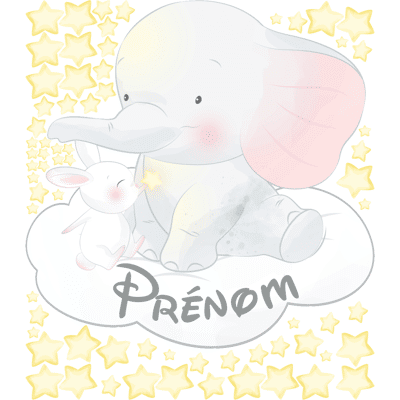 Ambiance-sticker Sticker personnalisable prénom éléphant et lapin dans les étoiles + 60 étoiles - Publicité Ambiance-sticker Sticker personnalisable prénom éléphant et lapin dans les étoiles + 60 étoiles - Publicité