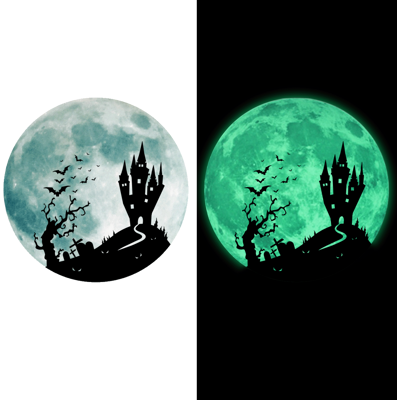 Ambiance-sticker Stickers phosphorescents lune + château hanté entouré de chauves-souris - Publicité Ambiance-sticker Stickers phosphorescents lune + château hanté entouré de chauves-souris - Publicité