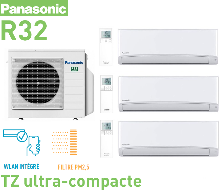 Notice d'utilisation, manuel d'utilisation et mode d'emploi Panasonic Tri-split Mural TZ CU-3Z68TBE + 2x CS-MTZ16WKE + 1x CS-TZ42WKEW R32   