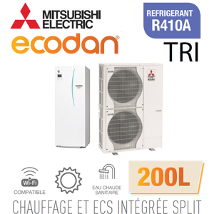 Mitsubishi Ecodan CHAUFFAGE SEUL SPLIT HYDROBOX DUO 200L R410a EHST20C-VM2D + PUHZ-SW120YHA triphasé