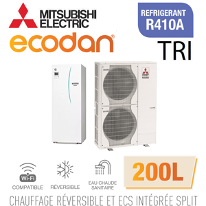 Mitsubishi Ecodan Réversible SPLIT HYDROBOX DUO 200L R410a ERST20C-VM2D + PUHZ-SW120YHA triphasé