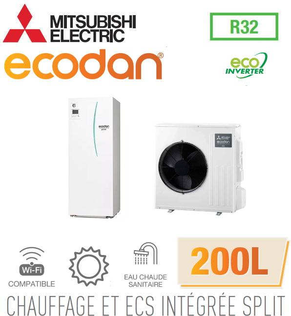 Mitsubishi Ecodan CHAUFFAGE SEUL SPLIT HYDROBOX DUO 200L R32 EHST20D-VM2D + SUZ-SWM100VA