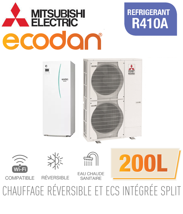 Mitsubishi Ecodan Réversible SPLIT HYDROBOX DUO 200L R410a ERST20C-VM2D + PUHZ-SW120VHA