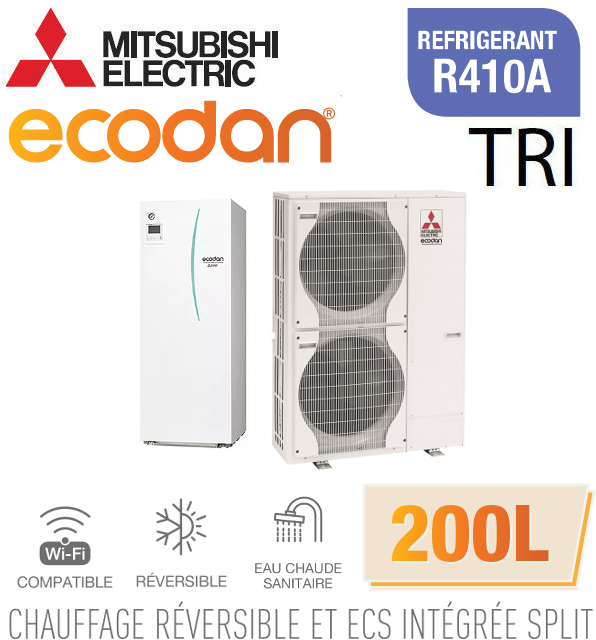 Mitsubishi Ecodan Réversible SPLIT HYDROBOX DUO 200L R410a ERST20C-VM2D + PUHZ-SW120YHA triphasé