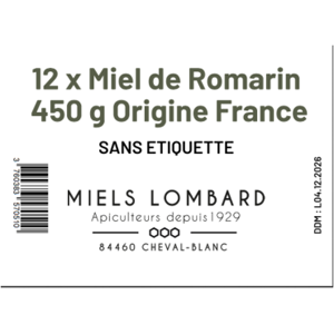 MIELS LOMBARD - Apiculteurs recoltants Carton de 12 pots en verre de Miel de Romarin 450g Miels Lombard Origine France SANS ETIQUETTE