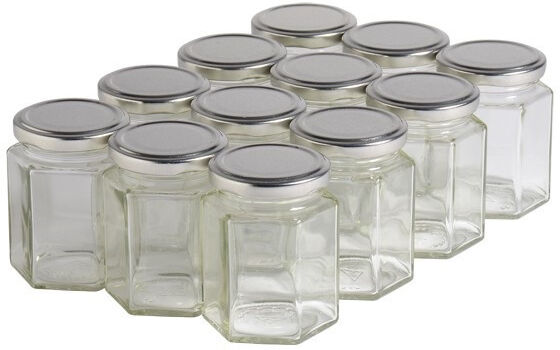 Apiculture.net - Matériel apicole français 12 pots verre hexagonaux 250g (196 ml) avec couvercles TO 58 - Argenté69 mm