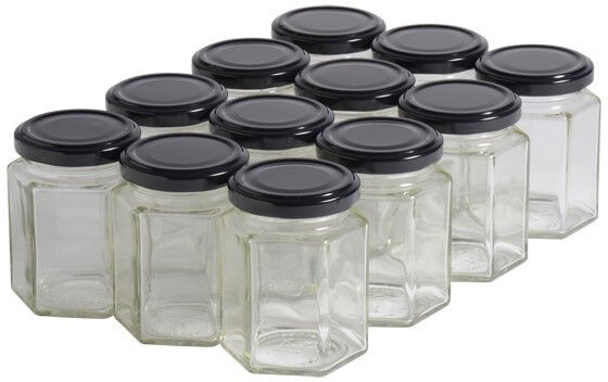 Apiculture.net - Matériel apicole français 12 pots verre hexagonaux 250g (196 ml) avec couvercles TO 58 - Noir69 mm