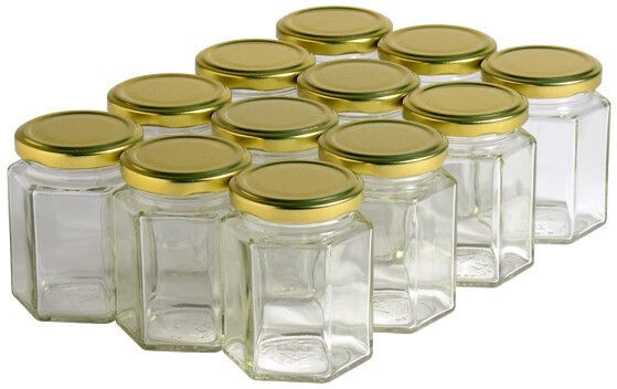 Apiculture.net - Matériel apicole français 12 pots verre hexagonaux 250g (196 ml) avec couvercles TO 58 - Doré69 mm